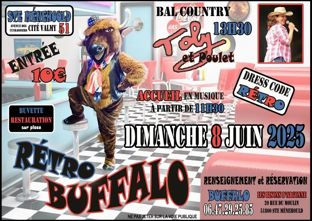 Une affiche pour un bal country rétro à Sainte-Ménehould, France.