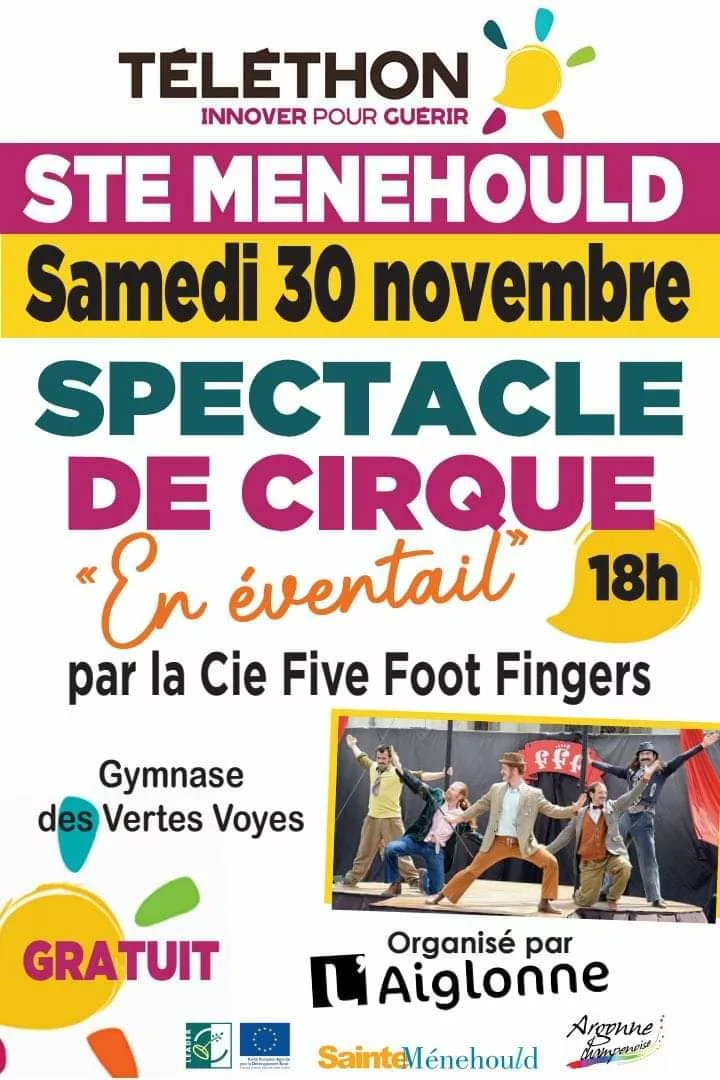 Affiche pour un spectacle de cirque gratuit à Sainte-Ménehould dans le cadre du Téléthon.