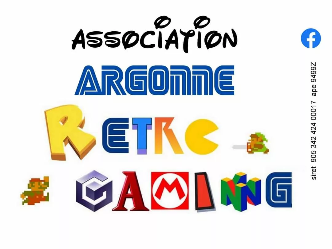 Logo de l'association Argonne Retro Gaming avec des éléments de jeux vidéo rétro.