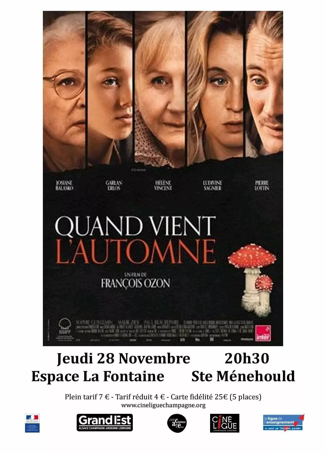 Affiche pour la projection du film 'Quand vient l'automne' de François Ozon à Sainte-Menehould le 28 novembre.