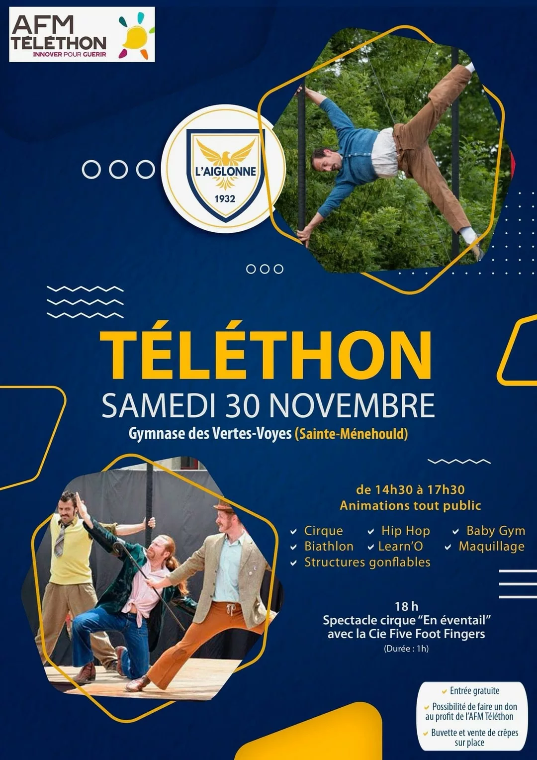 "Affiche pour le Téléthon 2024 à Sainte-Menehould, avec des animations au gymnase des Vertes-Voyes.