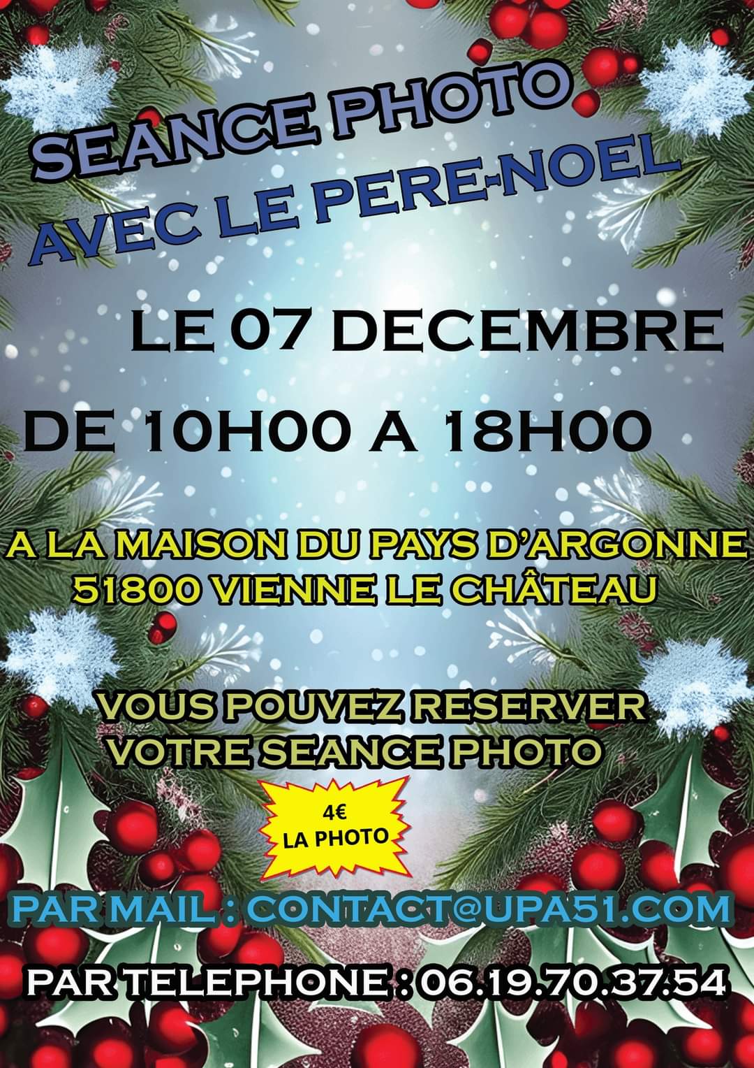 Affiche pour une séance photo avec le Père Noël à Vienne-le-Château le 7 décembre.