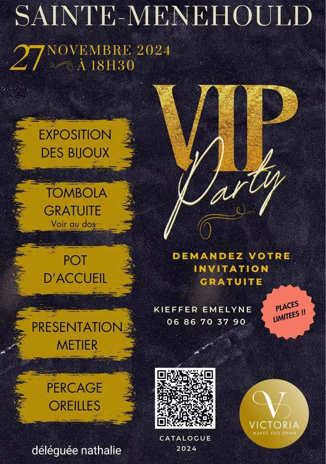 Invitation à une soirée VIP Victoria avec exposition de bijoux et tombola gratuite à Sainte-Menehould.