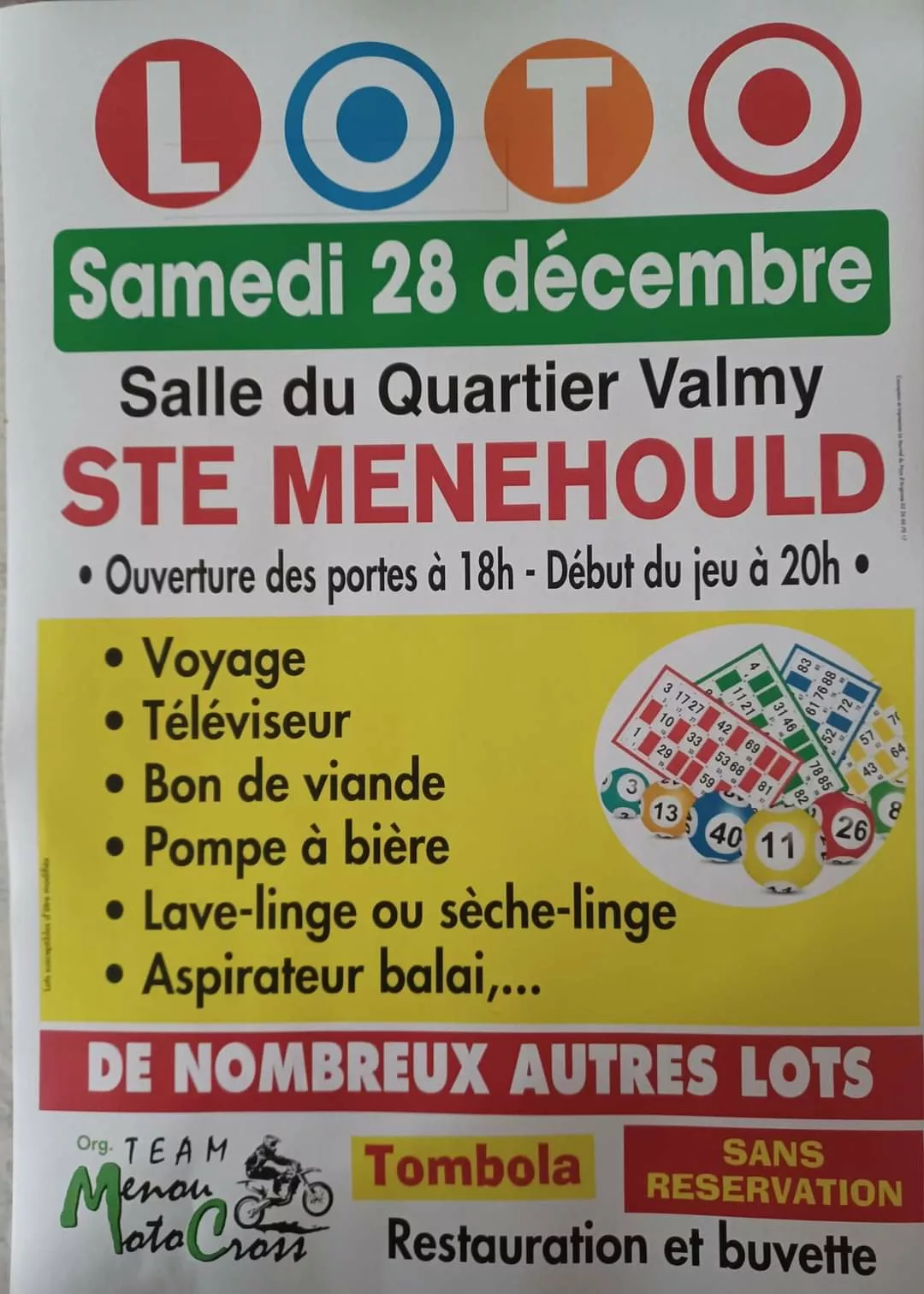 Affiche annonçant un loto à Ste Menehould le 28 décembre.