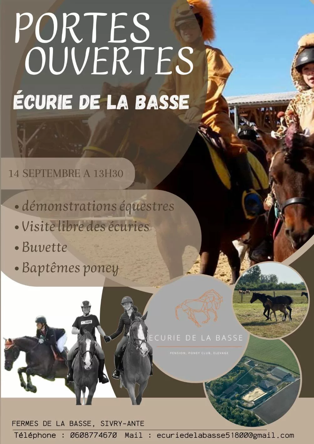 Affiche des portes ouvertes de l'Écurie de la Basse à Sivry-Ante le 14 septembre : baptêmes poney et démonstrations.