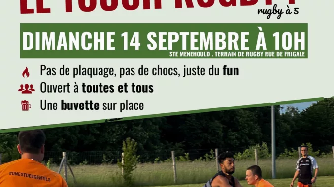 EVEN-14-09-2025-Touch Rugby Affiche d'initiation au Touch Rugby à 5 à Sainte-Ménéhould le 14 septembre. Sport mixte sans contact, ouvert à tous.