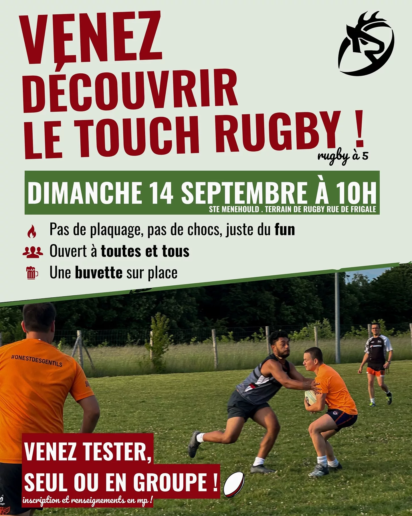 Affiche d'initiation au Touch Rugby à 5 à Sainte-Ménéhould le 14 septembre. Sport mixte sans contact, ouvert à tous.