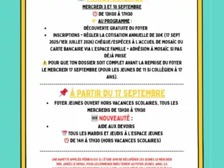 Affiche rentrée 2025 du Foyer Jeunes Mosaïc à Sainte-Ménéhould : inscriptions, portes ouvertes et aide aux devoirs.