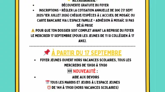 EVEN-17-09-2025-Foyer jeune Affiche rentrée 2025 du Foyer Jeunes Mosaïc à Sainte-Ménéhould : inscriptions, portes ouvertes et aide aux devoirs.