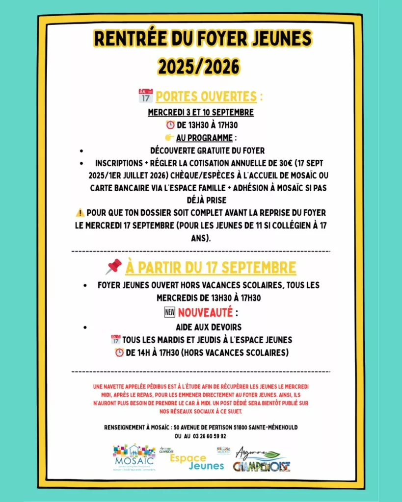 Affiche rentrée 2025 du Foyer Jeunes Mosaïc à Sainte-Ménéhould : inscriptions, portes ouvertes et aide aux devoirs.
