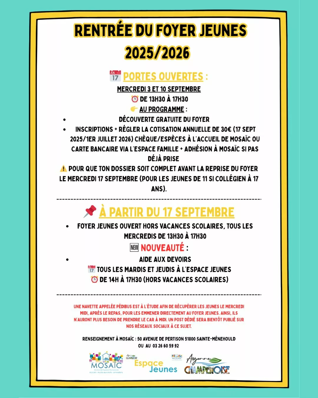 Affiche rentrée 2025 du Foyer Jeunes Mosaïc à Sainte-Ménéhould : inscriptions, portes ouvertes et aide aux devoirs.