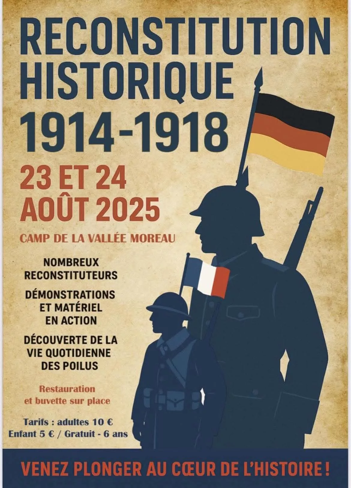 Affiche pour la reconstitution historique 1914-1918 au Camp de la Vallée Moreau, les 23 et 24 août 2025, avec deux soldats.