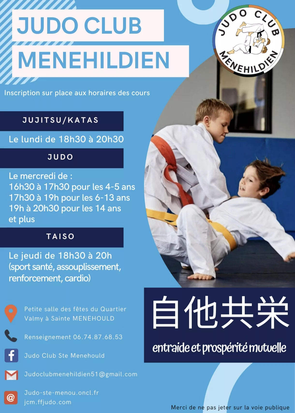 Affiche d'inscription 2025-2026 du Judo Club Menehildien : horaires des cours de judo, jujitsu et taiso à Sainte-Menehould.