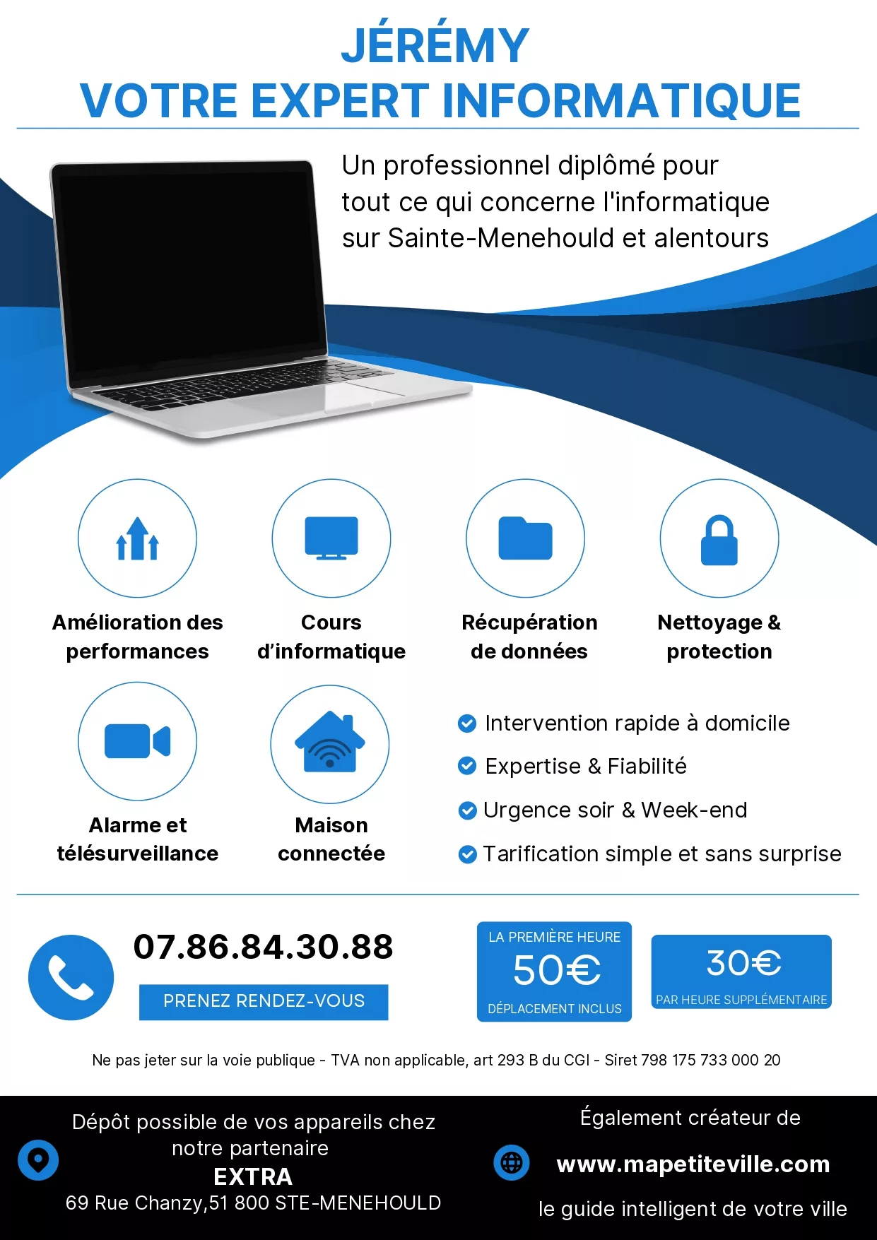 Affiche publicitaire Jérémy Expert Informatique à Sainte-Menehould : dépannage à domicile, récupération de données, cours et installation d'alarmes.